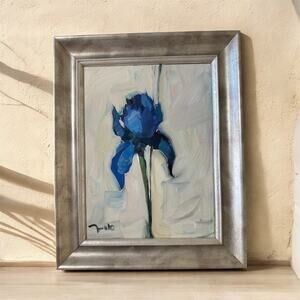 Original Oil Painting of Blue Iris Signed Impressionistic Custom Frame 11.5"